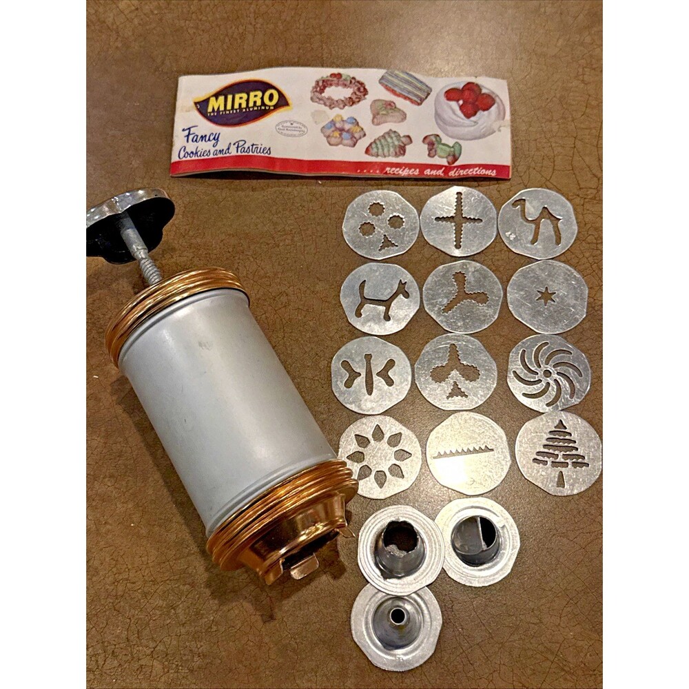 Vintage Mirro Cookie Pastry Press with 3 Tips 12 Discs Copper Aluminum